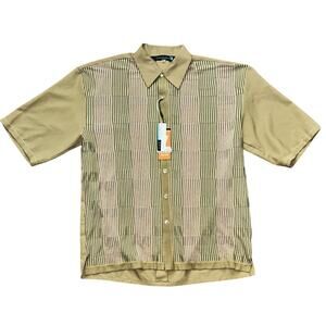 Men's Short Sleeve Button-Up Shirt in Beige with Stripe Panel